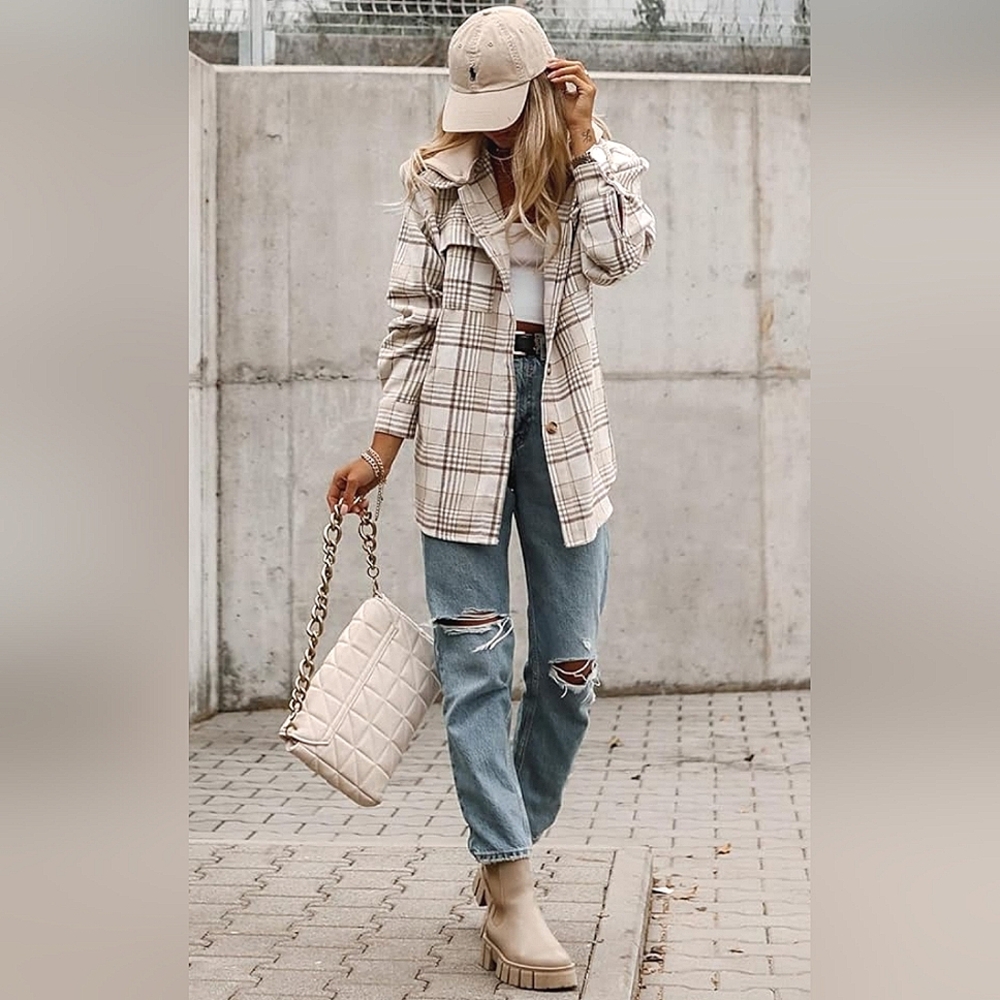 New Casual Plaid Button Down Hoodie Jacket Cream Tan Khaki White - Picture 1 of 6